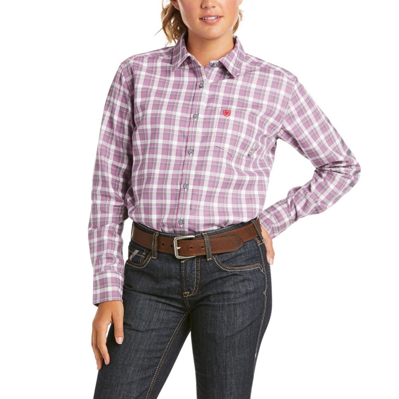 *SALE* ONLY 2XL - 1X - 2X - 3X PLUS LEFT!! Ariat Women's FR AJA Logo Button Front L/S Work Shirt - Lavender Plaid