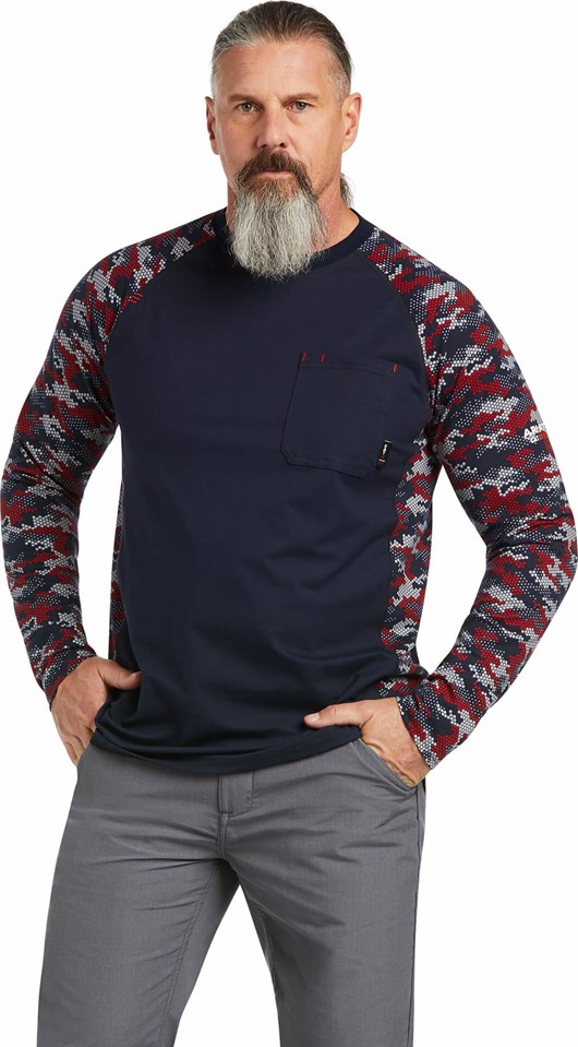 Ariat FR Stretch Camo Baseball L/S Shirt - Navy/Gray/Red Digi Camo