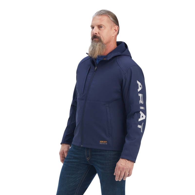 Ariat Rebar Stretch Canvas Softshell Hooded Logo Jacket - Navy/ Grey