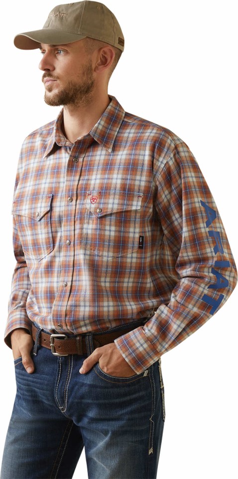 *SALE* ONLY LT - XL - 2XL LEFT!! Ariat FR Bentley Logo Snap Front L/S Work Shirt - Marmalade Plaid