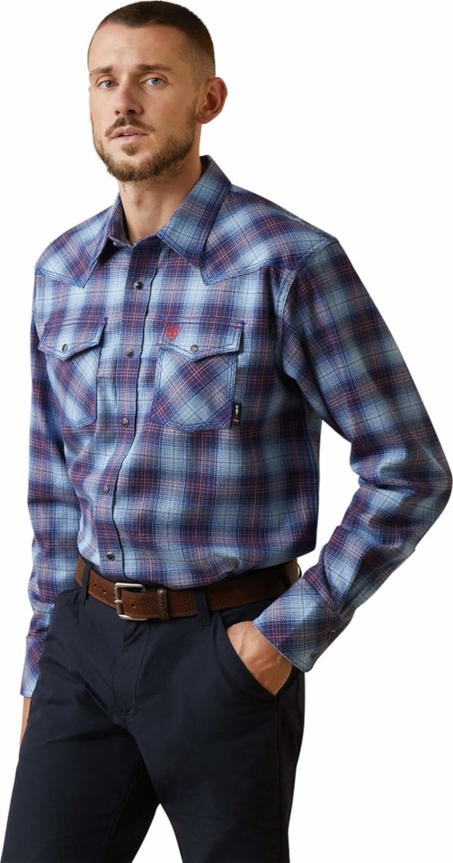 *SALE* ONLY L - XL - 2XL - 3XL - 4XL LEFT!! Ariat FR Dagger Retro Snap Front L/S Work Shirt - Clear Sky Plaid