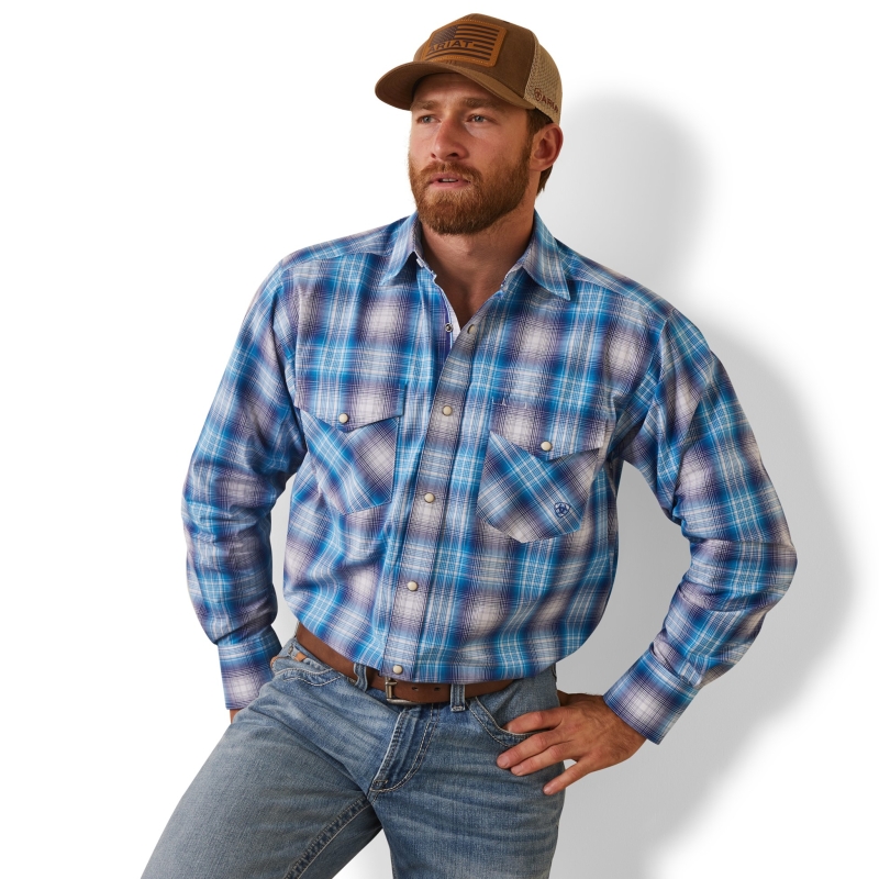 Ariat Pro Series Lukas Classic Fit Snap Front L/S Shirt - Light Blue Plaid