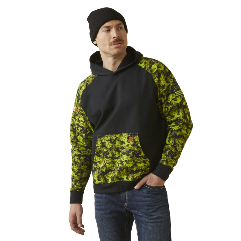 Ariat FR Durastretch™ Patriot Hooded Pullover Sweatshirt - Black/ Lime Digi Camo