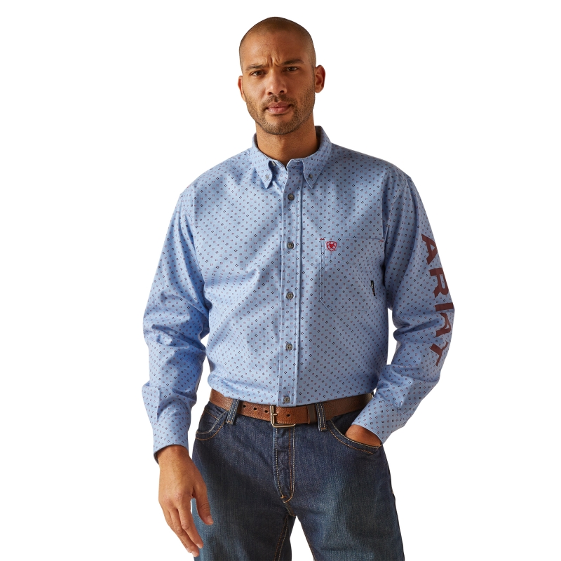 Ariat FR Button Front Gunner Stretch Logo Work Shirt - Stratosphere Blue