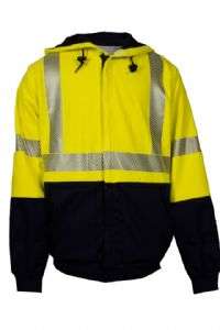 NSA DriFire FR HI-VIS Class 3 TECGEN Midweight Waffle-Lined Deluxe Hybrid Hooded Zip-Front Sweatshirt - Hi-Vis Yellow/ Navy