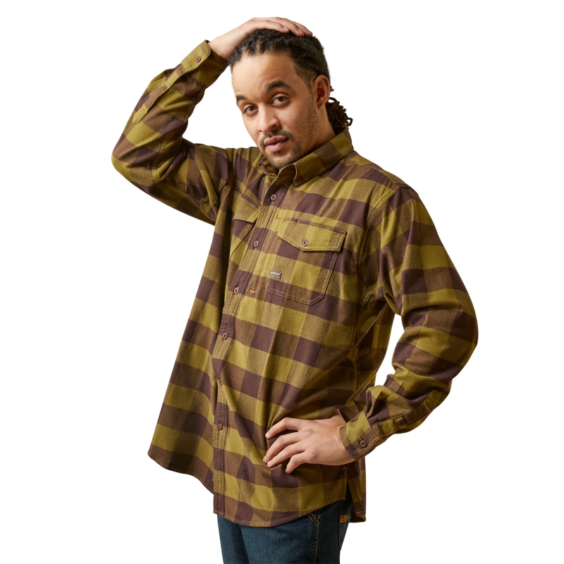 Ariat Rebar Flannel Durastretch™ Button Front L/S Work Shirt - Avocado Plaid