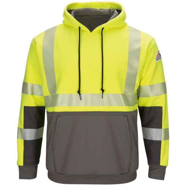 Bulwark FR Hi-Vis Class 3 Type R Dual Hazard Color Block Waffle-Lined Hooded Pullover Sweatshirt - Hi-Vis Yellow/ Charcoal